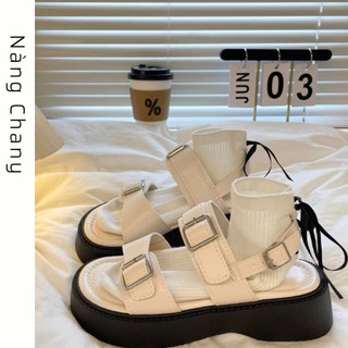   Sẵn  Giày sandal quai da ngang phối khoá cài đế to cao 4cm phong cách Ulzzang cho nữ dễ phối đồ 026 