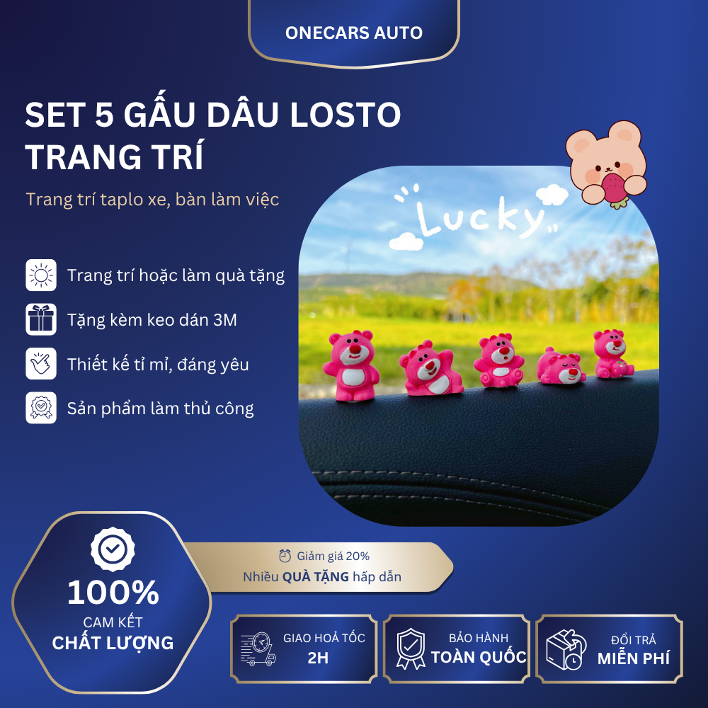 Combo 5 Gấu Dâu Lotso Mini Trang Trí, Decor Màn Hình Taplo Xe Dễ Thương - Onecars Auto