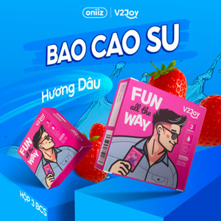 Bao cao su V2Joy hương dâu, siêu mỏng kéo dài thời gian, hộp 3 chiếc size 49mm và 52mm