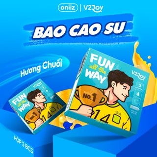 Bao cao su V2Joy hương chuối, siêu mỏng có gân gai, hộp 3 bao size 49mm và 52mm
