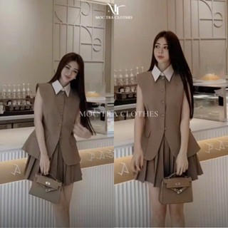 Set áo váy be tây Quảng Châu thiết kế áo sơ mi sát nách phối cổ trắng bẻ mix chân váy xếp ly xòe ngắn tiểu thư