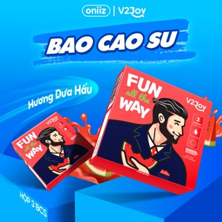 Bao cao su V2Joy hương dưa hấu, siêu mỏng kéo dài thời gian, hộp 3 chiếc size 49mm và 52mm