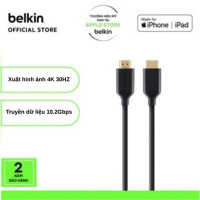 Cáp HDMI Belkin 1.4 mạ vàng 24K, hỗ trợ 4K 30Hz, Full HD, âm thanh 7.1, Ethernet 10.2Gbps