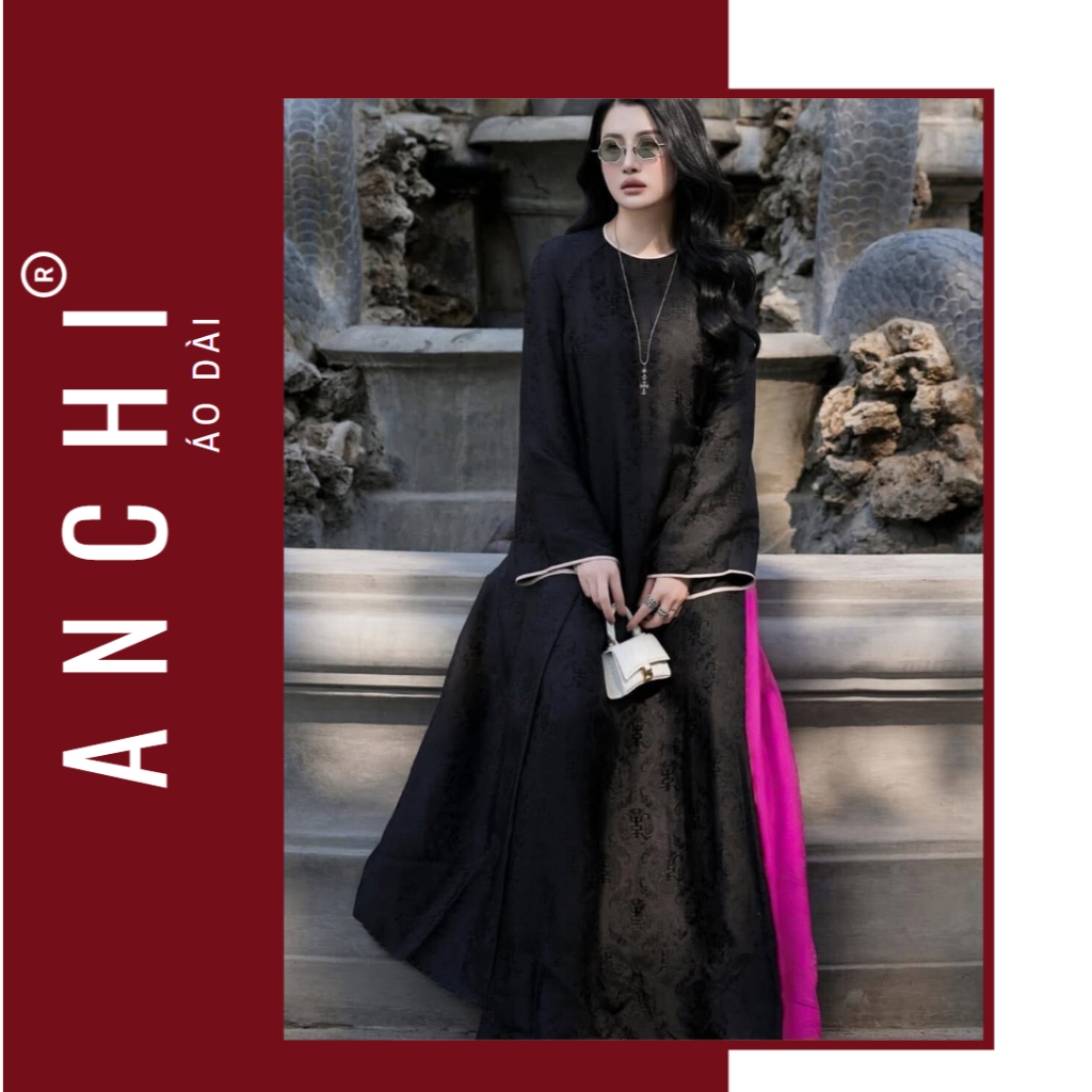 Áo Dài Dáng Xưa Màu Đen Tay Dài, Chất Vải Gấm Thọ CAO CẤP Sang Trọng ( Kèm Quần Lụa) - Áo Dài ANCHI