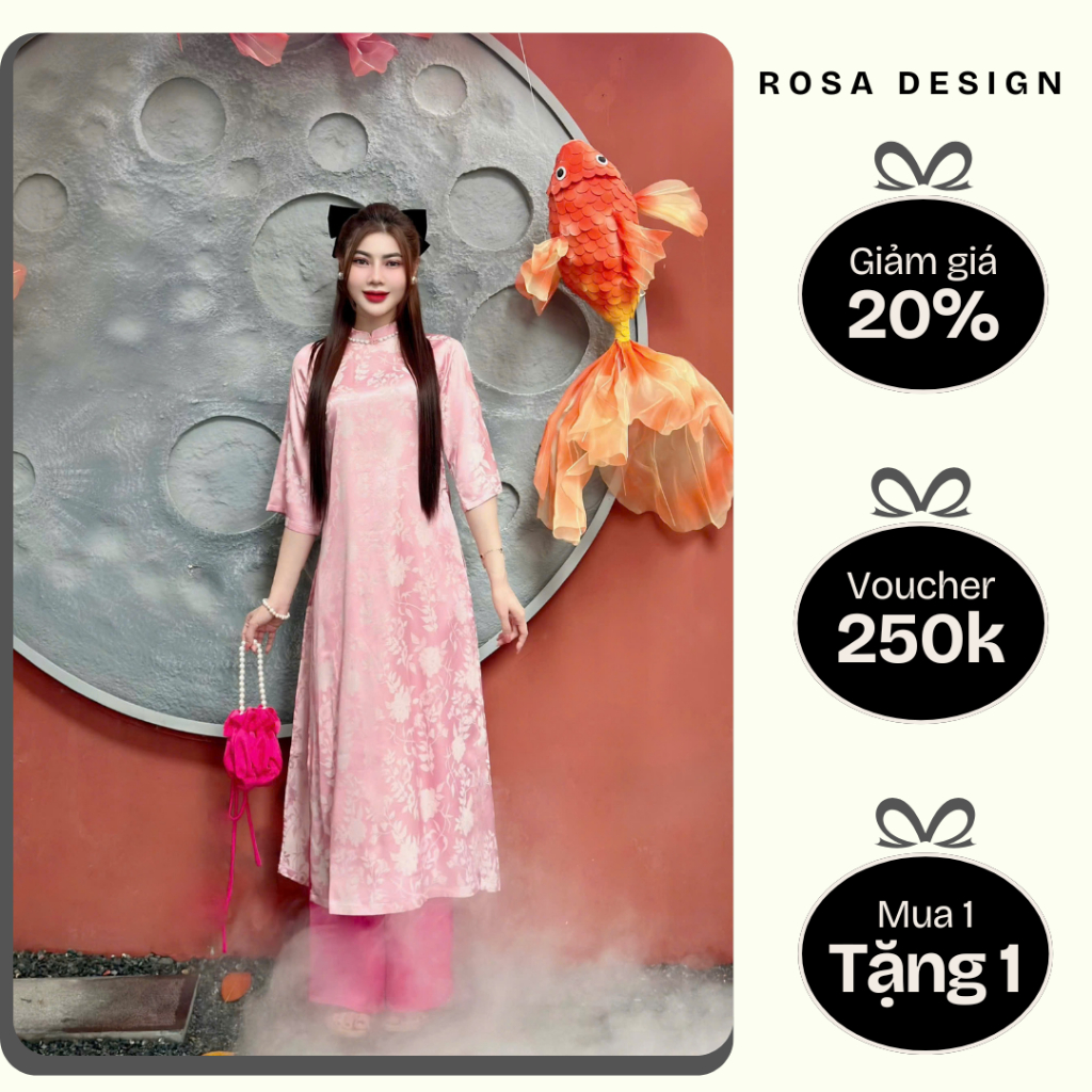 Áo dài lụa hồng gấm hoa cách tân dáng suông tay lỡ - ROSA DESIGN - AD003