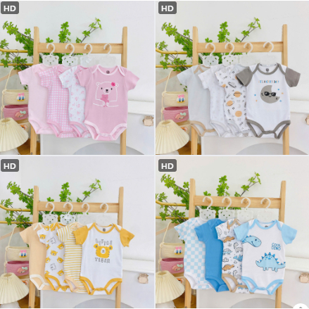 Set 4 Áo liền quần ngắn tay cho bé, Jumpsuit Cotton ngắn tay bé sơ sinh 3-10kg, hàng VNXK BC30