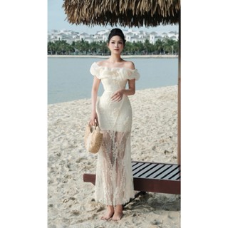  D314 Cabernet Nolan Dress đầm trễ vai hoa ren dáng dài đi biển đi tiệc 