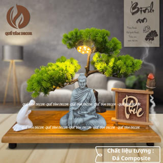 Tiểu Cảnh Xông Trầm Đặt Tượng Phật Có Đèn Đế Gỗ 30x15cm Có Chữ Thư Pháp , Đặt Bàn Làm Việc Hoặc Tặng Quà , Decor Phật .