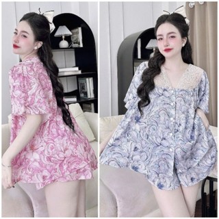  Đồ bộ pyjama bigsize - Mẫu tiểu thư cổ ren trắng nút bọc kèm quần đùi có túi Lụa Gấm Xước Cao Cấp 