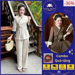 Bộ đi chùa chất Đũi Thái phối tay thêu hoa Bỉ Ngạn. Đồ lam đi chùa. Pháp phục đi chùa.