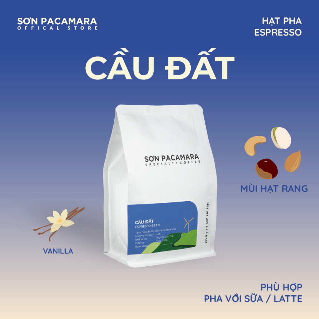 Cà Phê Espresso Sơn Pacamara Gói Cầu Đất Specialty, 100% Arabica Cầu Đất Rang Vừa Gói 250gr/500gr
