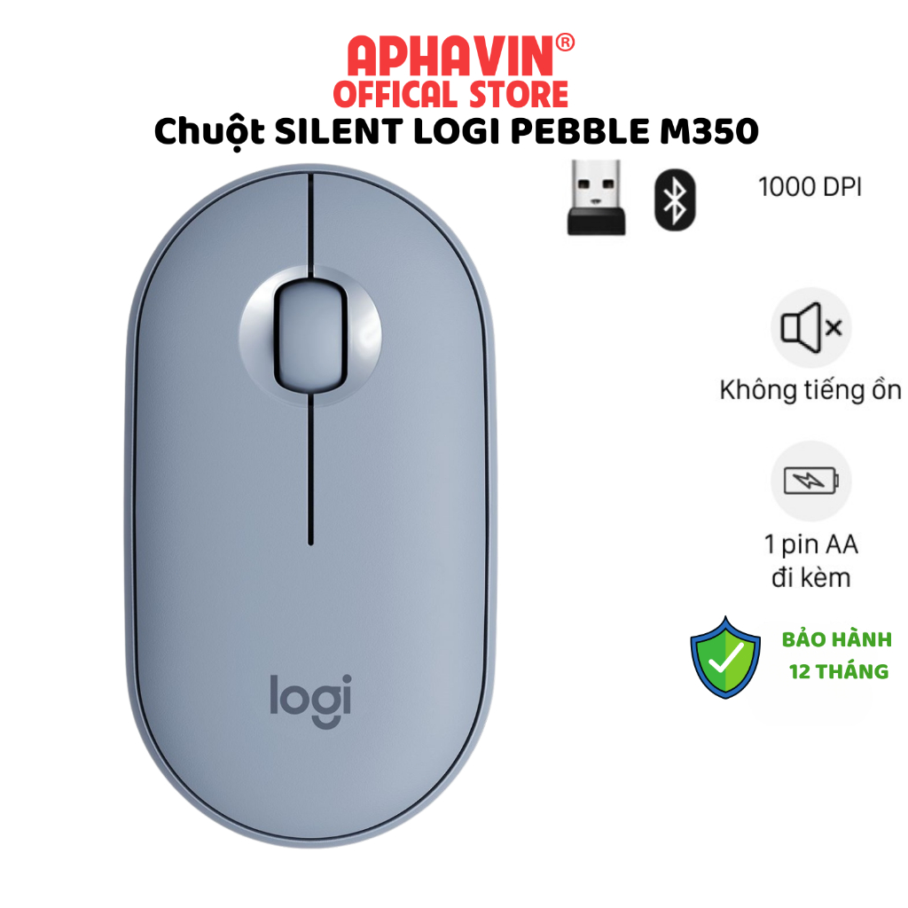 Chuột Không Dây Logi Pebble M350 Silent Xanh Dương, Chuột Văn Phòng, Kết Nối Bluetooth, USB, Bảo Hàn