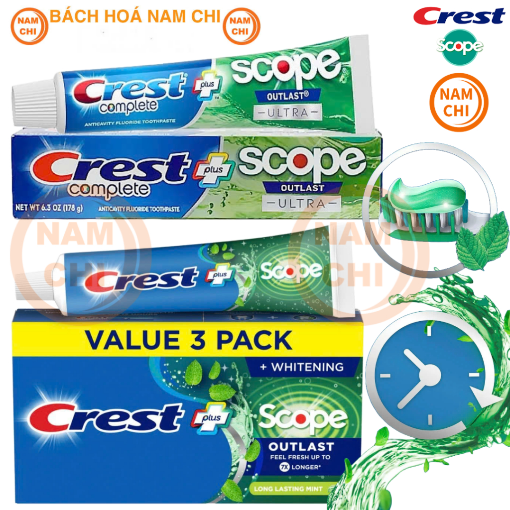 [MẪU MỚI] Kem Đánh Răng CREST COMPLETE+ SCOPE OUTLAST 147g | 178g - Nhập Khẩu Mỹ