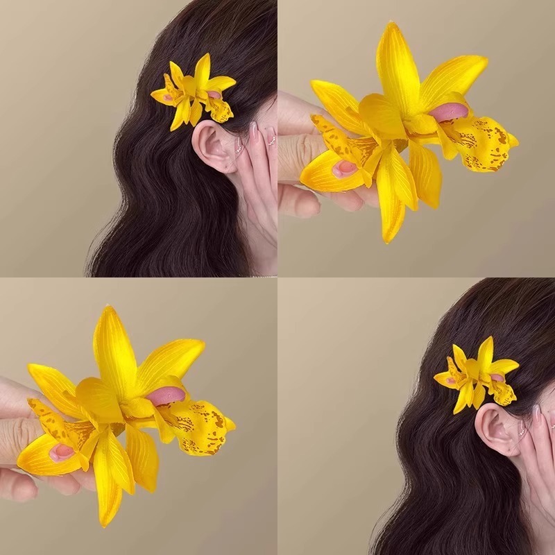 [🔥 Hàng Sẵn] Kẹp tóc hình hoa lan kép màu vàng mùa hè đi biển cục xinh dành cho nữ hot 2025