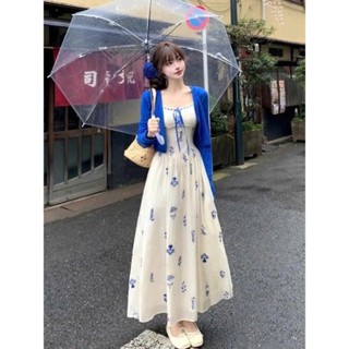 Đầm lụa in bông kèm khoát ngoài thun gân dáng dài maxxi mặc tôn dáng chuẩn fom