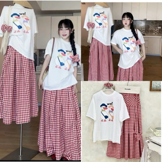 Set Áo Thun Vịt Đính Nơ Nổi Mix Chân Váy Dài Kẻ Caro Kèm Dây Buộc Tóc Siu Xinh (Ảnh Thật Trải Sàn) Lollaye