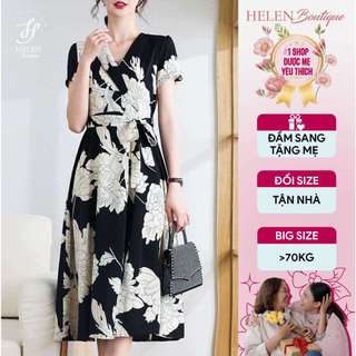 Đầm Tết Tặng Mẹ Trung Niên Cổ Vest Sang Trọng, Hoa Mẫu Đơn Quý Phái, Dáng Dài Lịch Sự - Celia Dress - Helen Boutique