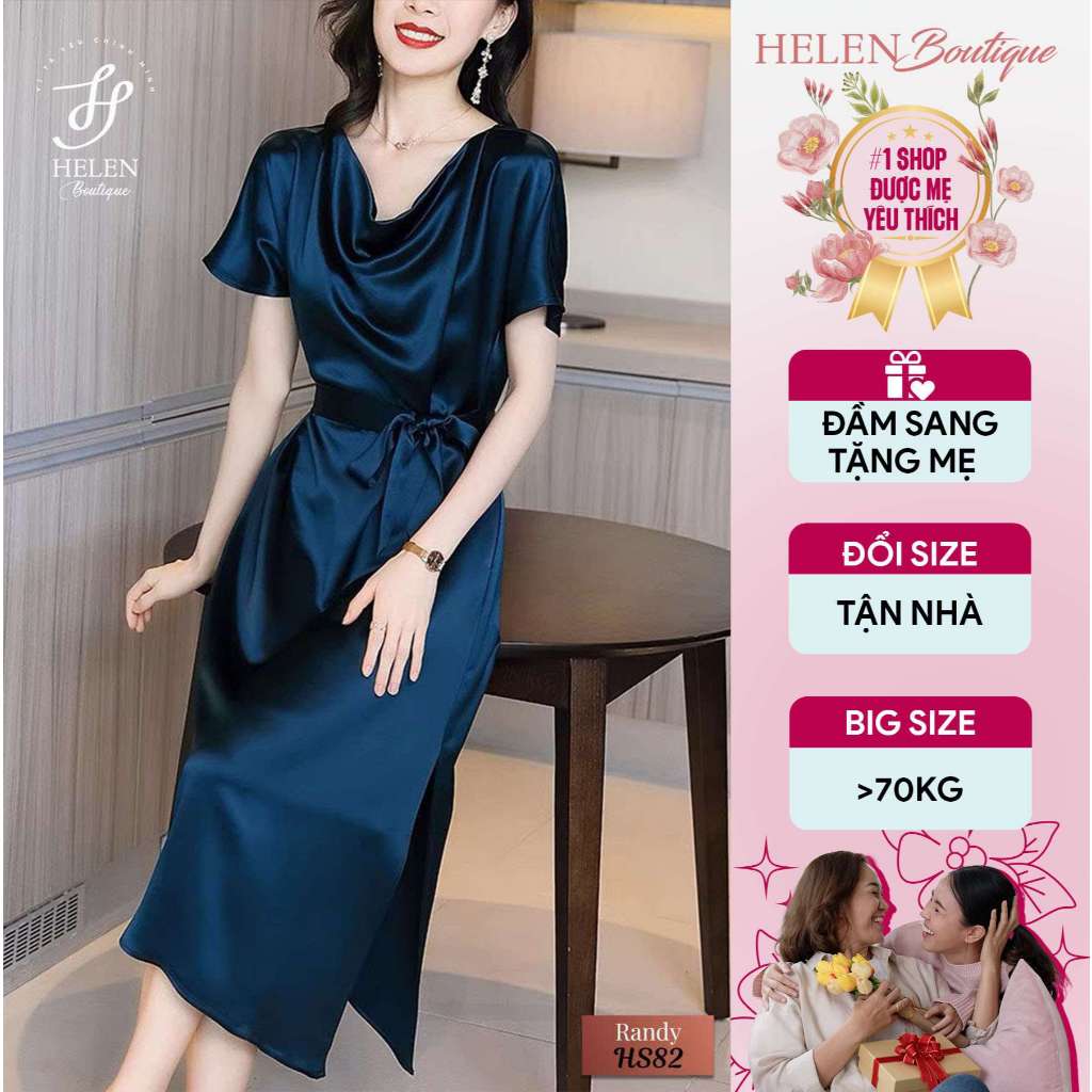 Đầm lụa dự tiệc trung niên bigsize, cổ đổ, xẻ tà sang trọng, kiêu sa, Randy Dress, Helen Boutique