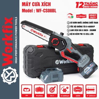 Máy cưa xích pin WORKFIX WF-CS08BL, 600W, Không Chổi Than, Bơm nhớt tự động, Lam xích 8 inch