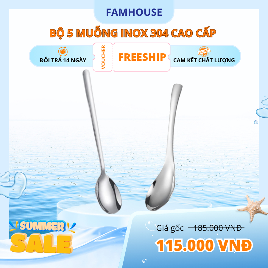 Muỗng inox 304 Famhouse cao cấp, set 5 muỗng inox đóng hộp cao cấp, bộ 5 thìa inox 304
