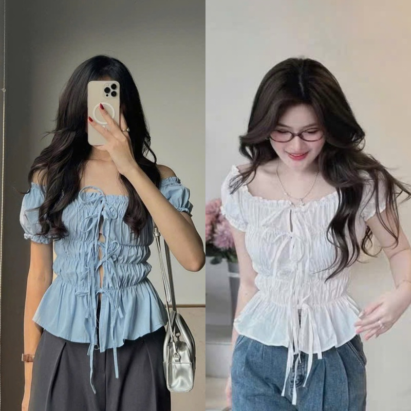 [Mới về] ÁO CROPTOP TRỄ VAI NHÚN CHỈ THẮT DÂY NƠ TRẮNG XANH / CỔ BÈO ĐẮP THẮT EO TRẮNG HỒNG