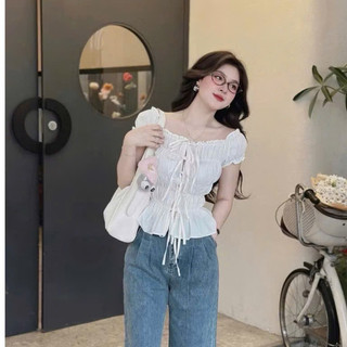 [Mới về] ÁO CROPTOP TRỄ VAI NHÚN CHỈ THẮT DÂY NƠ TRẮNG XANH / CỔ BÈO ĐẮP THẮT EO TRẮNG HỒNG
