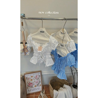[Mới về] ÁO CROPTOP TRỄ VAI NHÚN CHỈ THẮT DÂY NƠ TRẮNG XANH / CỔ BÈO ĐẮP THẮT EO TRẮNG HỒNG