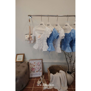 [Mới về] ÁO CROPTOP TRỄ VAI NHÚN CHỈ THẮT DÂY NƠ TRẮNG XANH / CỔ BÈO ĐẮP THẮT EO TRẮNG HỒNG