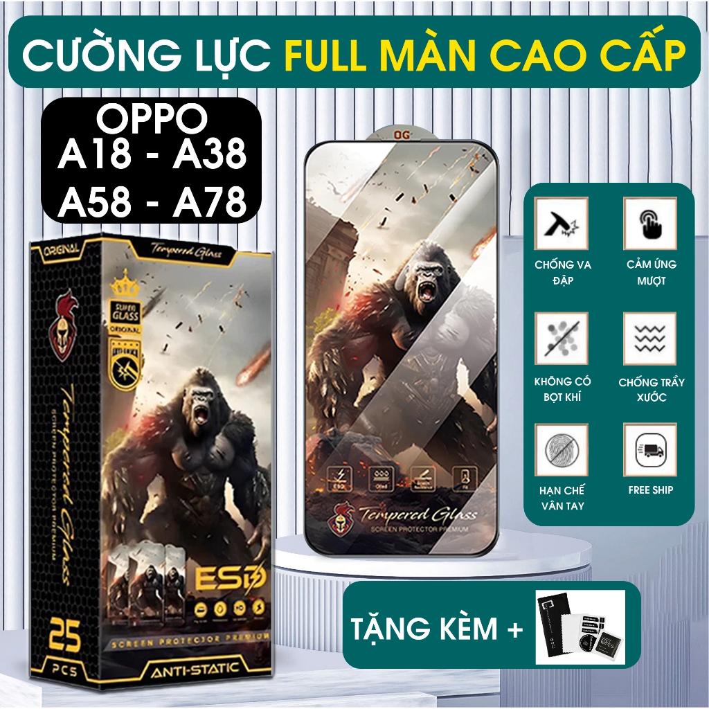 Kính cường lực Oppo A18 - A38 - A58 - A78  trong suốt full màn