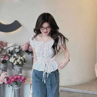 [Mới về] ÁO CROPTOP TRỄ VAI NHÚN CHỈ THẮT DÂY NƠ TRẮNG XANH / CỔ BÈO ĐẮP THẮT EO TRẮNG HỒNG