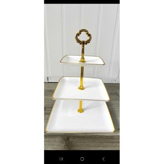  Bộ đĩa nhựa 3 tầng viền vàng đựng bánh kẹo hoa quả 