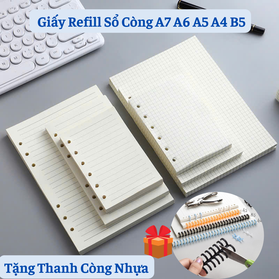 Cuốn Giấy refill sổ còng A7 A6 A5 A4 B5  lỗ caro, giấy viết lỗ chấm kẻ ngang nhiều lỗ cao cấp