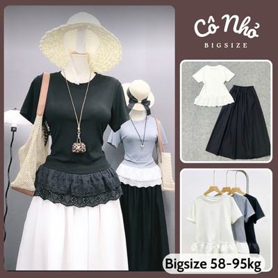 Set Bigsize Nữ Nhẹ Nhàng (CÓ LẺ ÁO/VÁY) Áo Thun BabyTee Ren Phối Váy Dài Nàng Thơ (55-95Kg)