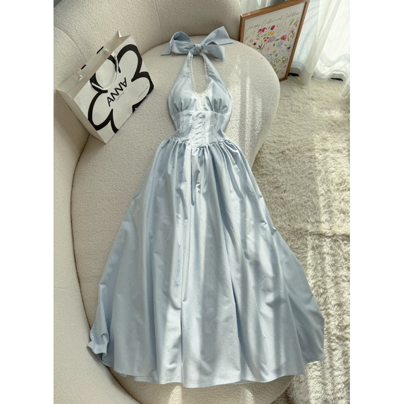 Đầm Kiểu Cổ Yếm Sọc Xanh Dáng Dài Anna - Cecine Dress