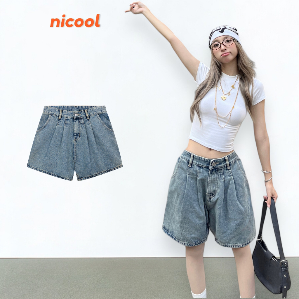 Quần Short Jean Nữ Form Rộng NICOOL Xếp Ly Quần Đùi Bò Wash Ống Suông Phồng Lưng Thấp Cá Tính N41-D6