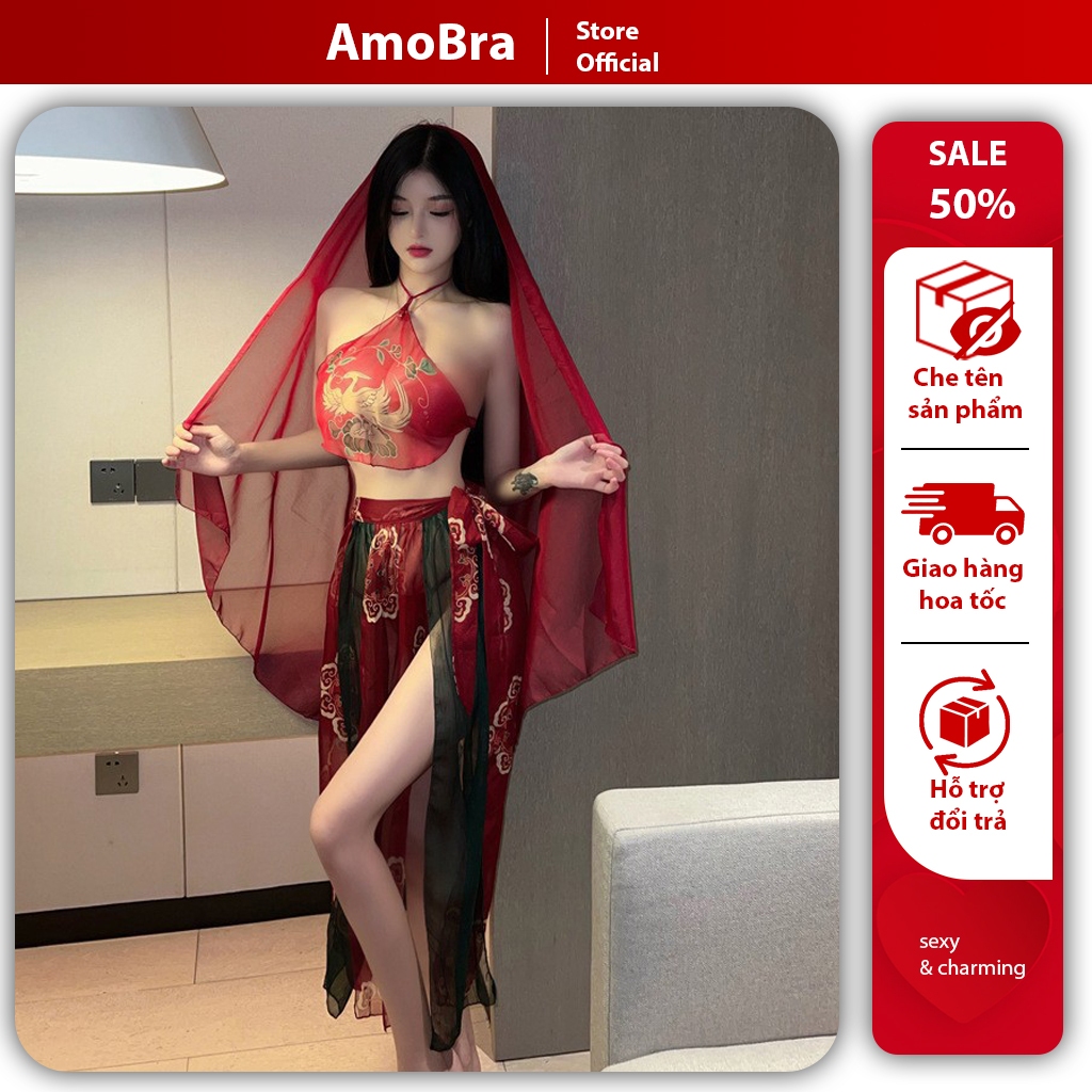 Váy ngủ + Yếm + Khăn voan họa tiết công quyến rũ, Đồ ngủ nữ sexy Cosplay cổ trang gợi cảm DN08