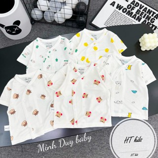 [Bé trai] Combo 5 áo cộc sơ sinh trắng hoạ tiết, thiết kế cúc chéo, chất thun lạnh, mềm, mát, thấm hút mồ hôi