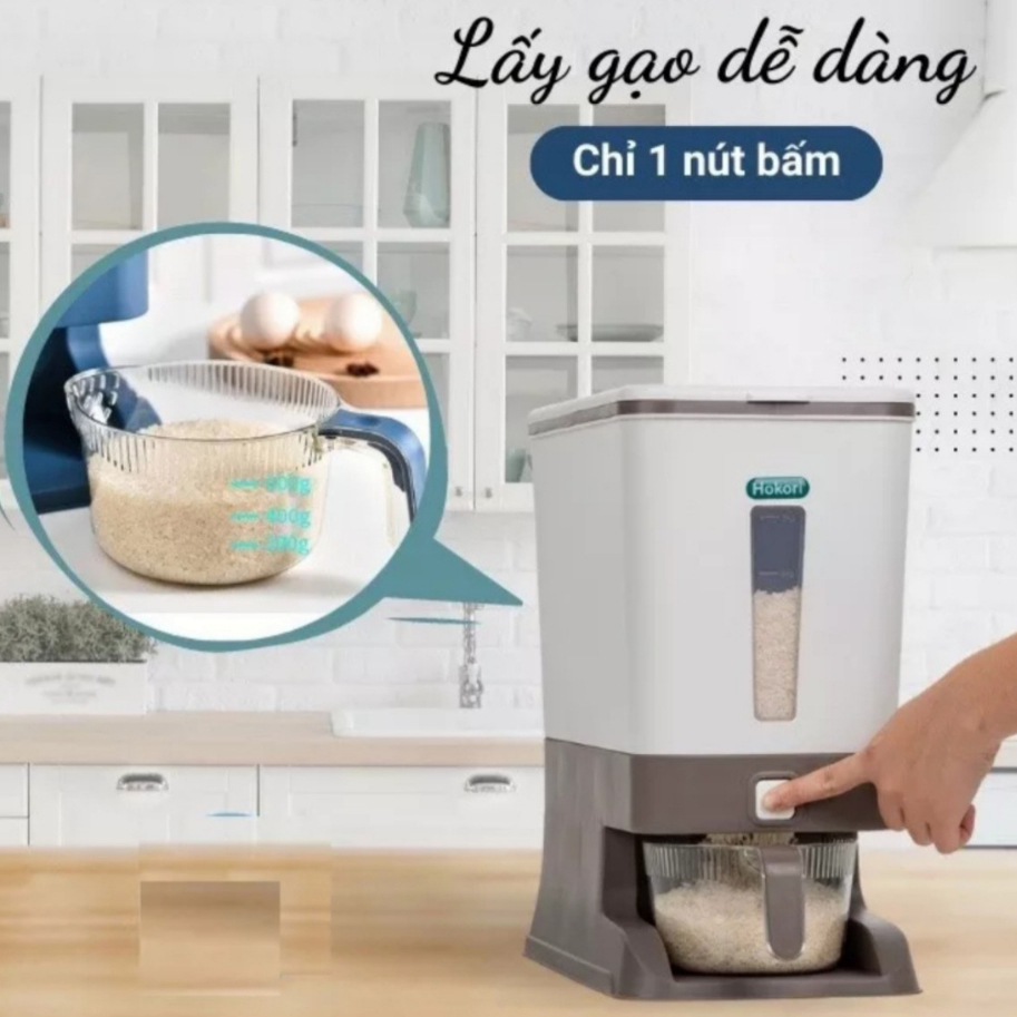 Thùng đựng gạo tiện ích 10kg, 15kg kèm ca đong gạo chia vạch Hokori nhựa Việt Nhật