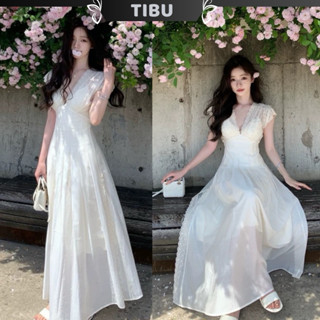 Đầm Maxi Cổ V Hoa Thêu Dáng Xoè TIBU Đầm Tiểu Thư Dáng Dài Sang Chảnh Đi Chơi Biển Dự Tiệc D452