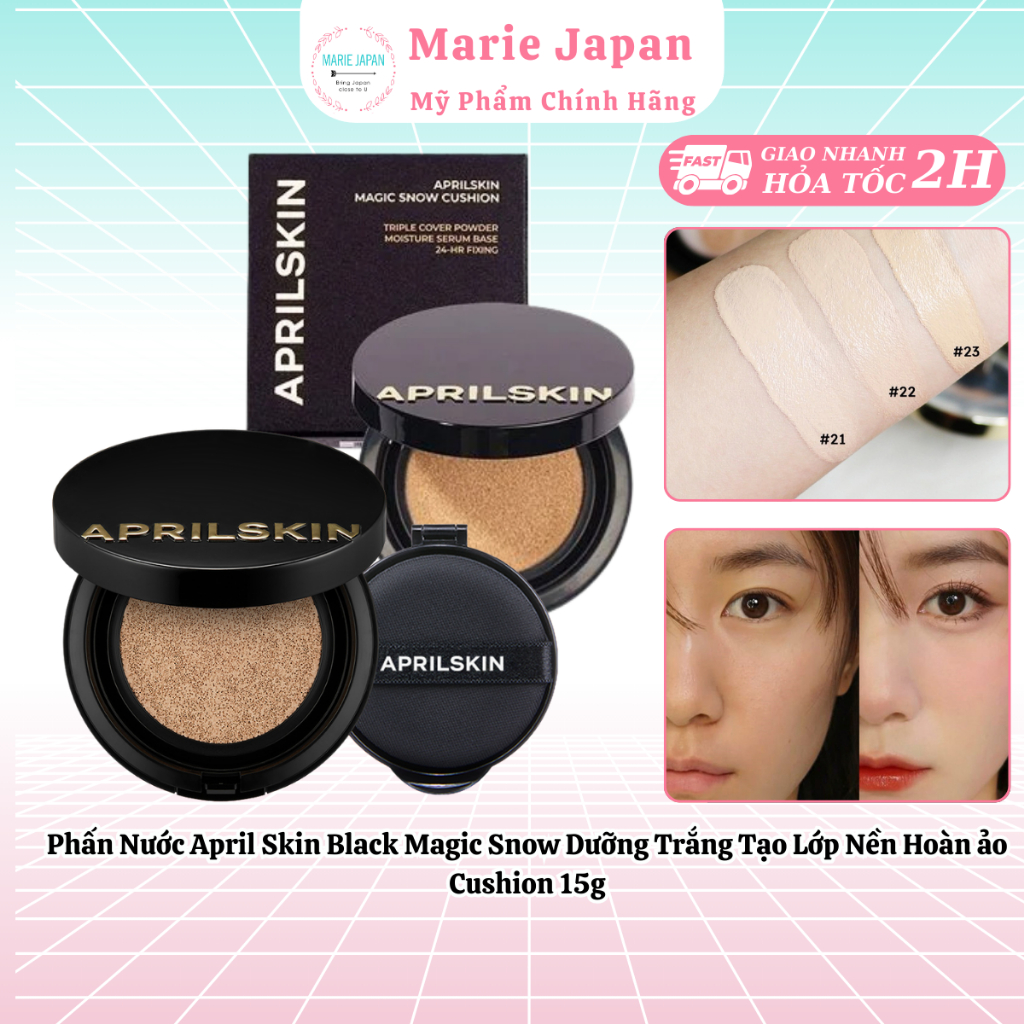 Phấn Nước April Skin Black Magic Snow Dưỡng Trắng Tạo Lớp Nền Hoàn ảo Cushion 15g