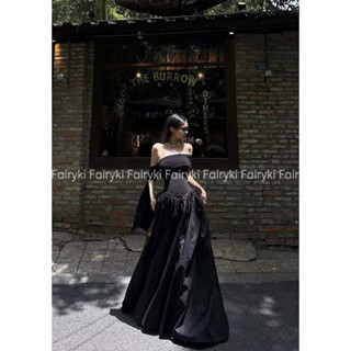 Sẵn- Váy đen trễ vai tay bên dài thắt eo V tôn eo váy dài hàng cao cấp phù hợp mọi lứa tuổi- Fairy Ki studio