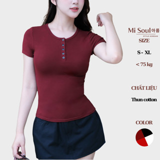 Áo Thun Nữ Cotton Mịn Mát MiSoul Phối Cúc Cổ, Áo Phông Phối Cúc Ôm Body Basic Co Dãn Thoáng Mát BigSize 422