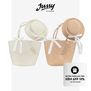 Set Túi Mũ Cói Lục Bình Đan Thủ Công Trơn Màu Basic JTUI12 Jussy Official Túi Cói Size To Có Lớp Lót Bên Trong 