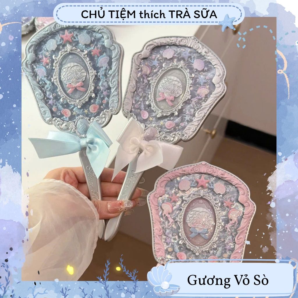(SẴN - Hỏa Tốc HCM) Gương Cầm Tay Shell's Jewel Flower Knows Vỏ Sò Biển Xanh Nhiều Màu