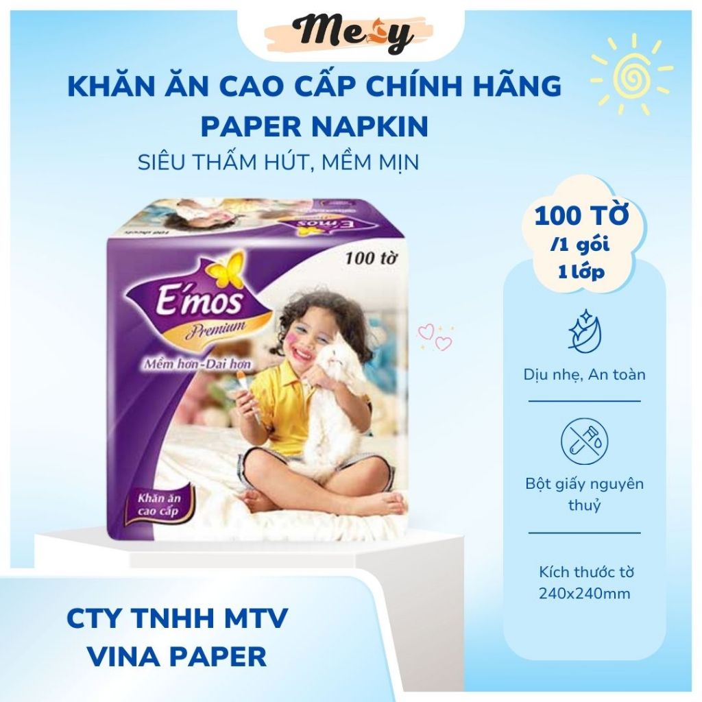 Khăn ăn Cao Cấp Emos Chính Hãng 100 Tờ Vuông Size 24x24cm mềm mịn thấm hút tốt