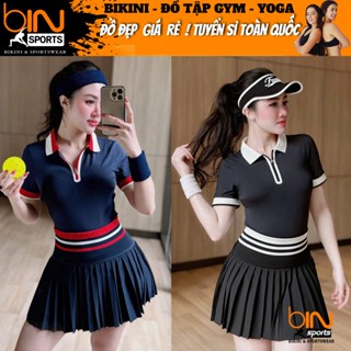 Set đồ nữ tập gym pickleball tennis cầu lông áo cổ trụ dệt, chân váy xếp ly có lót đùi bảo hộ cao cấp BINSPORTS BN218
