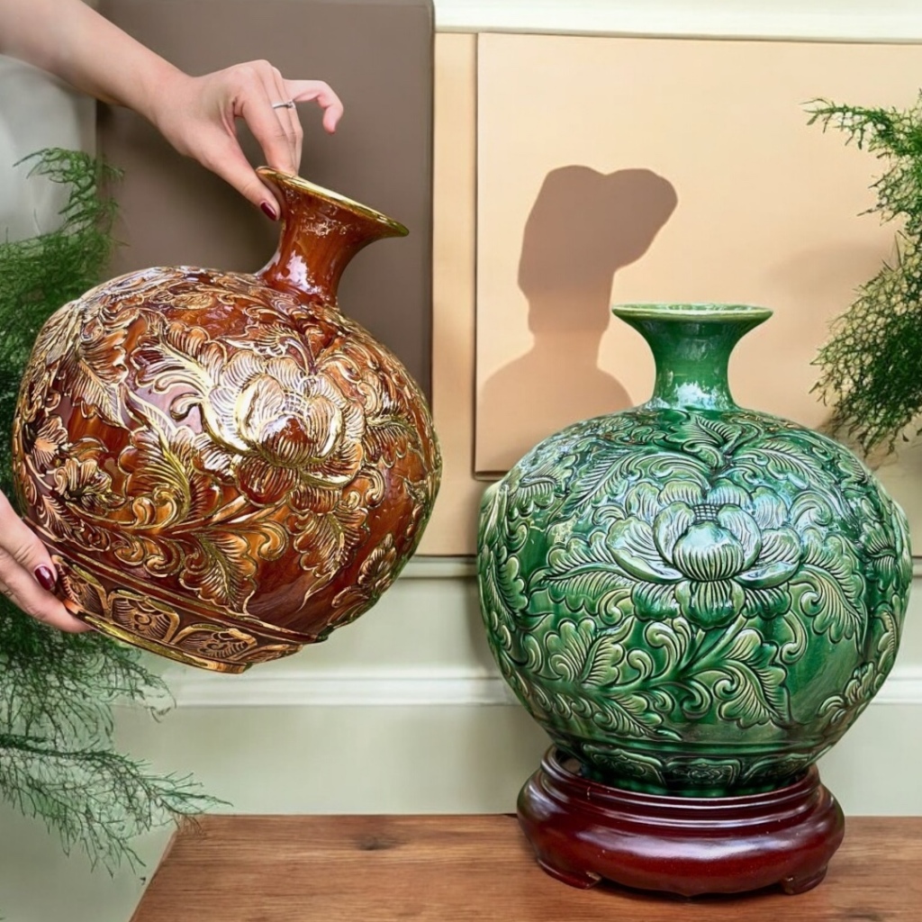 Bình Hút Lộc Bát Tràng, Bình Tài Lộc Gốm Sứ, Bình Phong Thuỷ Hoạ Tiết Hoa Dây Men Ngọc Lục Bảo Hàng 