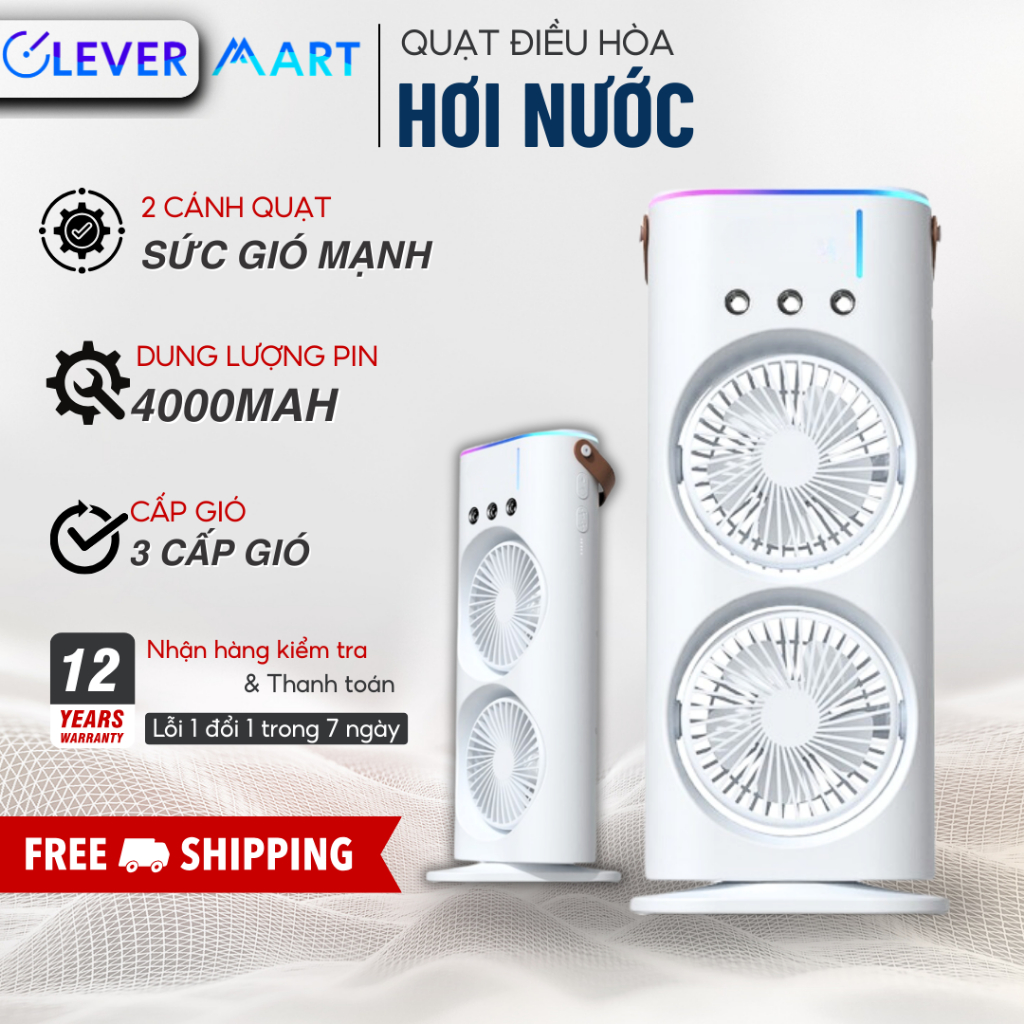 Quạt Điều Hoà Hơi Nước 2 Cánh Gió Tạo Độ Ẩm - Spray Fan Tích Điện 4000mAh Kiêm Đèn Ngủ Đa Sắc, Phun Sương Làm Mát