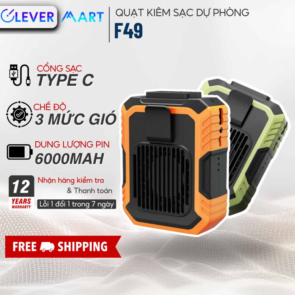 Quạt Tích Điện Kiêm Sạc Dự Phòng 6000mAh Đeo Thắt Lưng, Đeo Cổ Tay, Để Bàn Với 3 Mức Gió, Cổng Sạc Type C Tiện Dụng