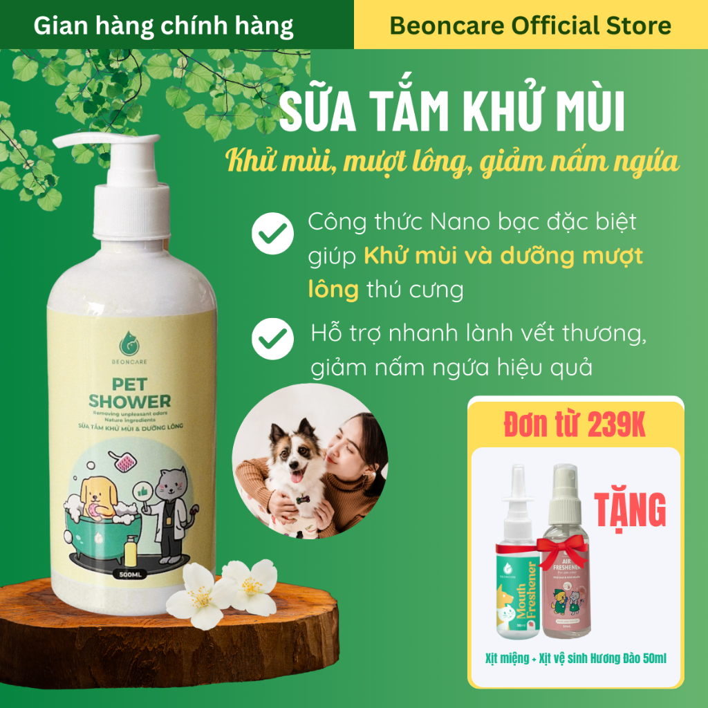 Sữa tắm Khử mùi Dưỡng lông Giảm rụng lông cho chó mèo Beoncare, an toàn cho chó mèo sơ sinh, phù hợp với da nhạy cảm
